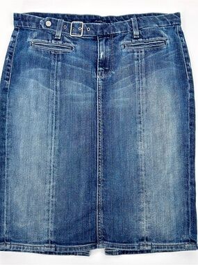 7 For All Mankind Y2K Denim Midi Skirt Low Rise Faded Wash Model Off Duty